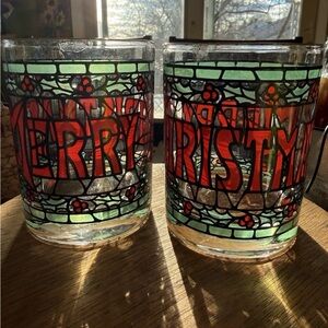 Vintage Cera Merry Christmas Stained Glass. Pair.